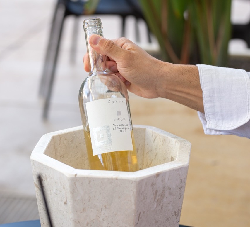Vermentino di Sardegna wine bottle in marble cooler